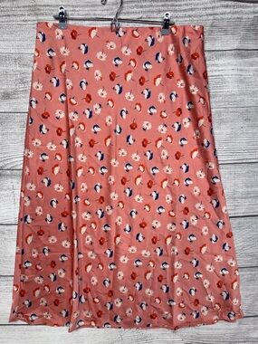 LOFT Daisy Print Midi Skirt Satin Orange Side Slit Mid Rise Womens Size XL